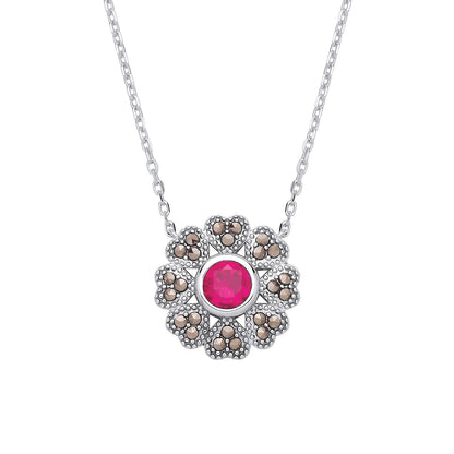 Sterling Silver CZ & Ruby Flower Pendant Necklace - GVK531