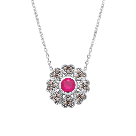 Sterling Silver CZ & Ruby Flower Pendant Necklace - GVK531