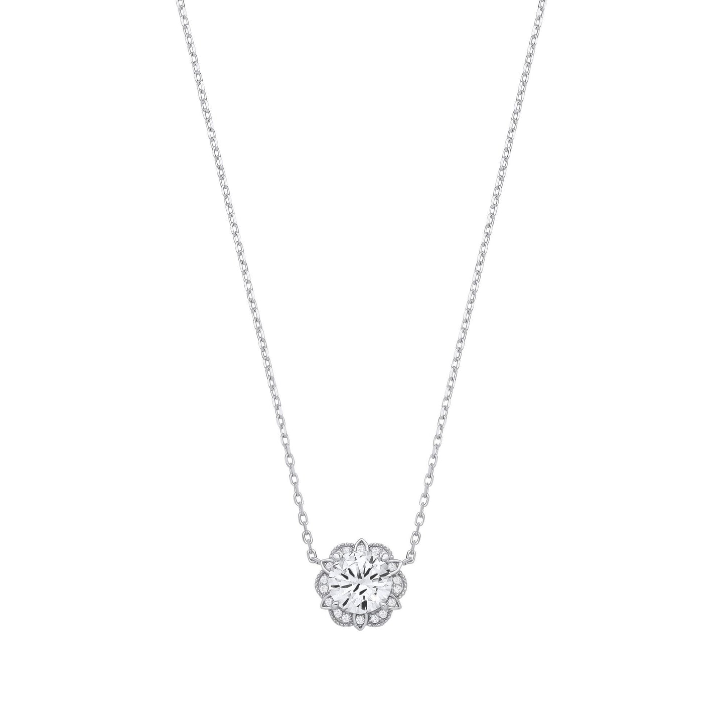 Silver  CZ Tudor Rose Flower Scalloped Halo Solitaire Necklace - GVK532