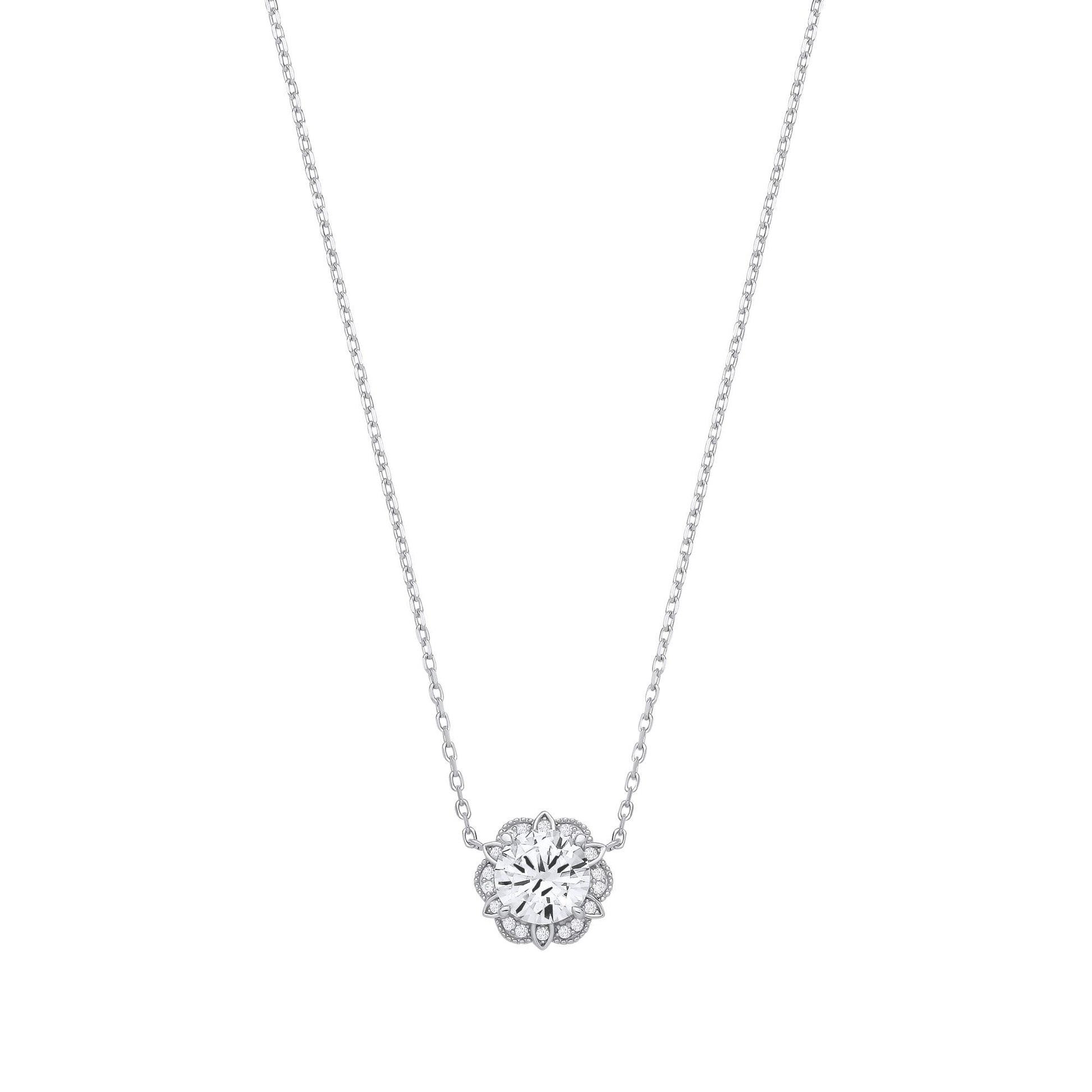 Silver  CZ Tudor Rose Flower Scalloped Halo Solitaire Necklace - GVK532