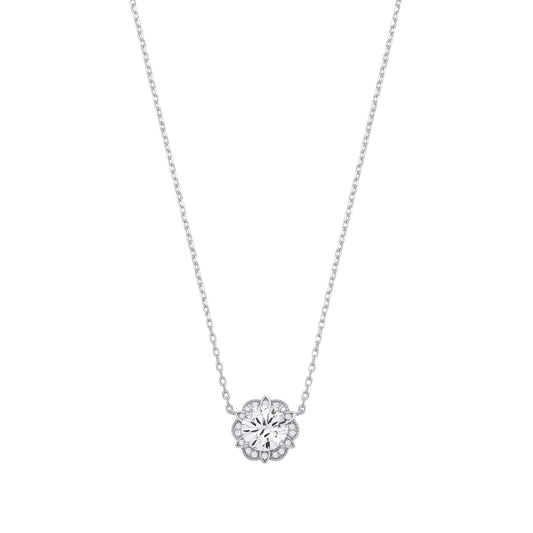 Silver  CZ Tudor Rose Flower Scalloped Halo Solitaire Necklace - GVK532