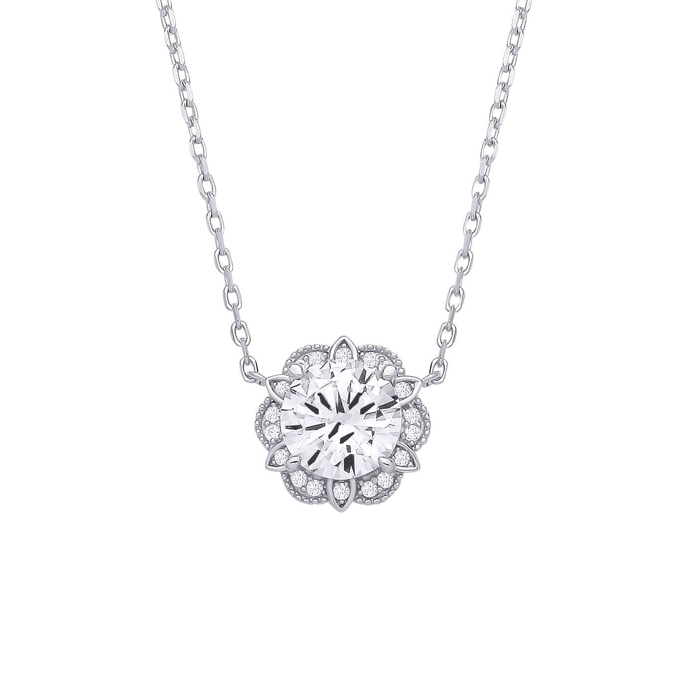 Silver  CZ Tudor Rose Flower Scalloped Halo Solitaire Necklace - GVK532