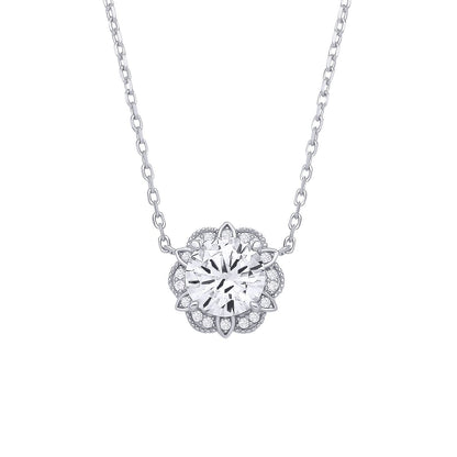 Silver  CZ Tudor Rose Flower Scalloped Halo Solitaire Necklace - GVK532
