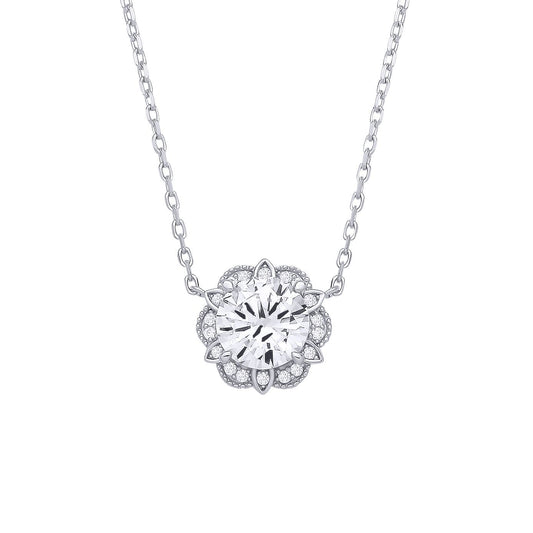 Silver  CZ Tudor Rose Flower Scalloped Halo Solitaire Necklace - GVK532