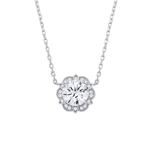 Sterling Silver CZ Flower Pendant Necklace - GVK532