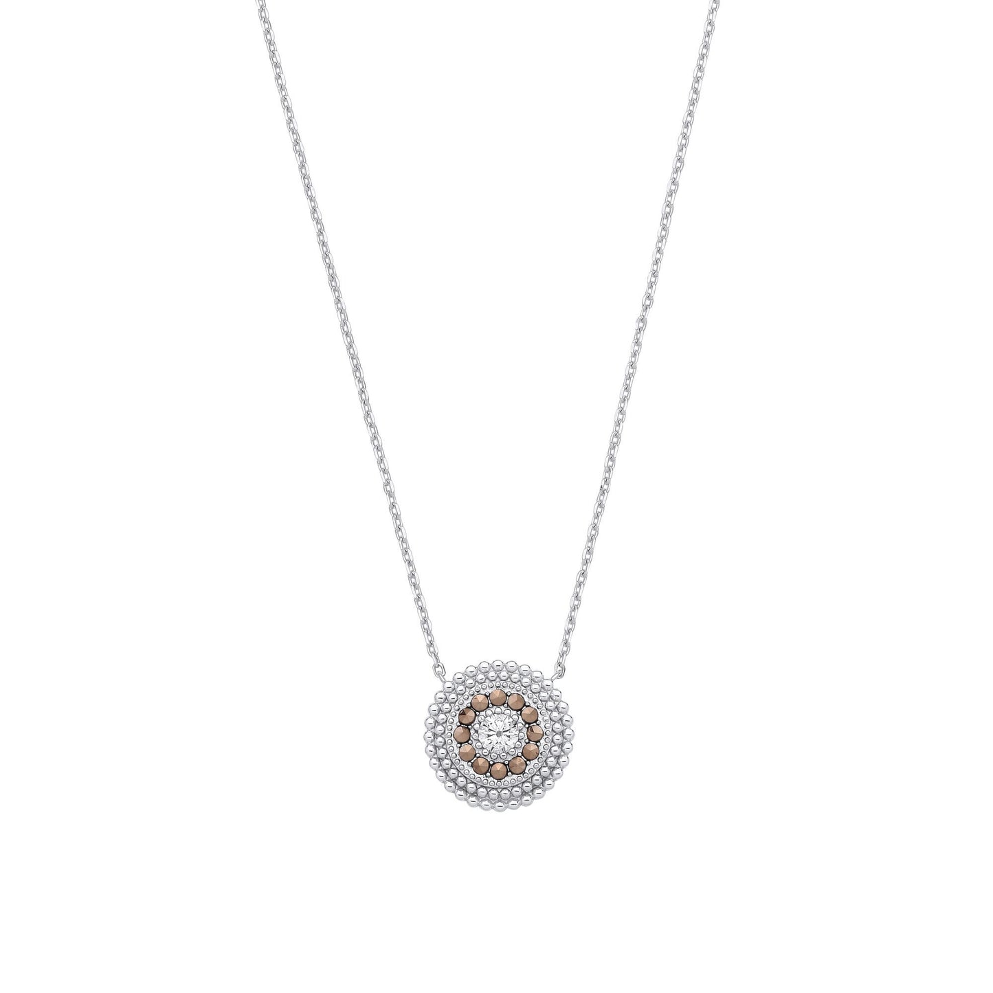 Silver  Brown Marcusite & CZ Beaded Halo Solitaire Necklace - GVK533