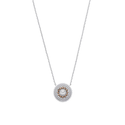 Silver  Brown Marcusite & CZ Beaded Halo Solitaire Necklace - GVK533