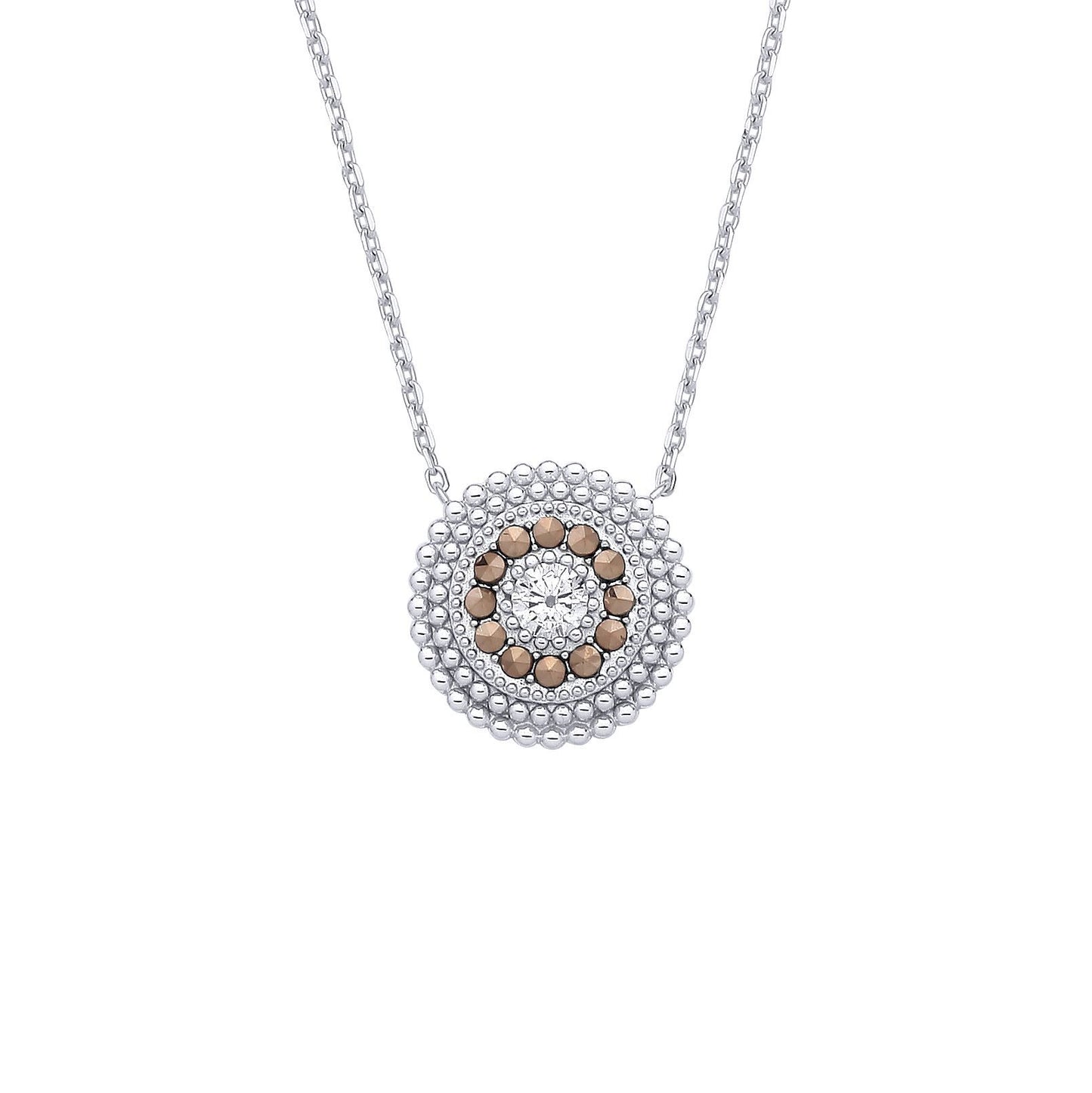 Silver  Brown Marcusite & CZ Beaded Halo Solitaire Necklace - GVK533