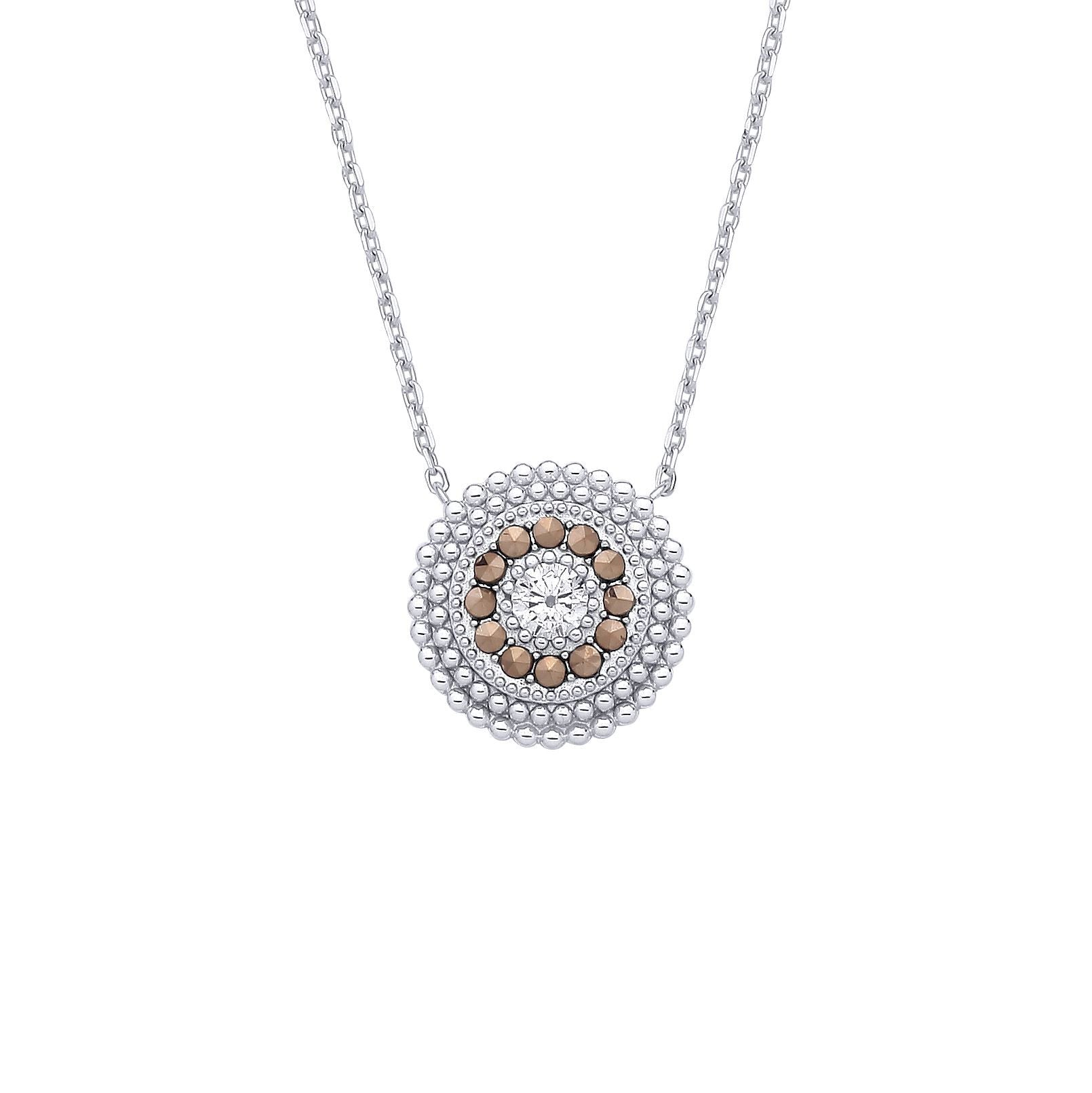 Silver  Brown Marcusite & CZ Beaded Halo Solitaire Necklace - GVK533