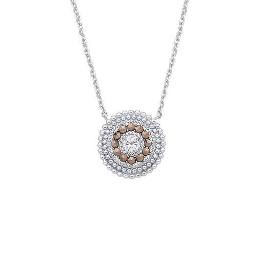 Silver  Brown Marcusite & CZ Beaded Halo Solitaire Necklace - GVK533
