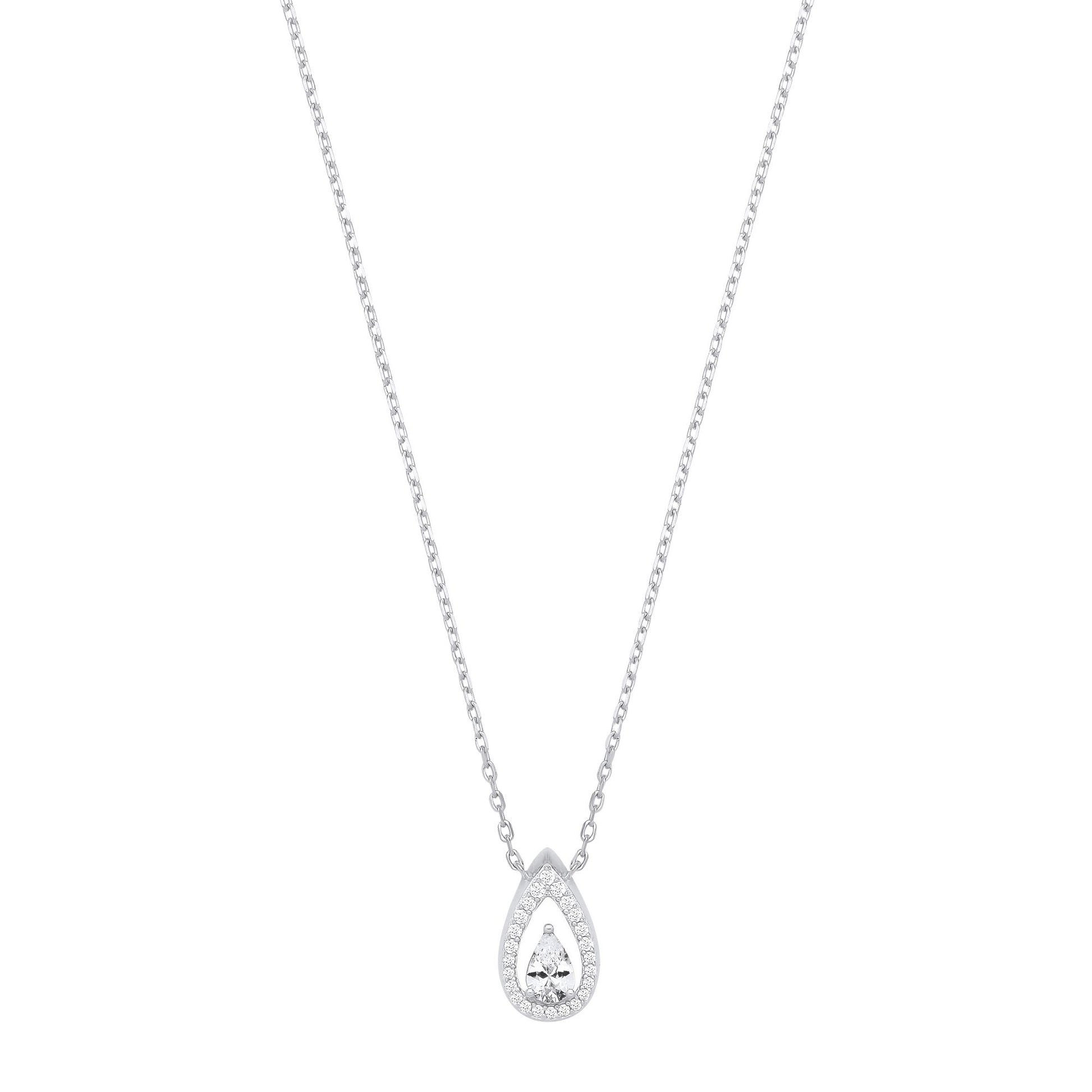 Sterling Silver CZ Pear Drop Pendant Necklace - GVK534
