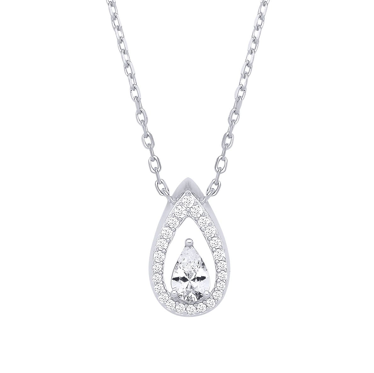 Sterling Silver CZ Pear Drop Pendant Necklace - GVK534