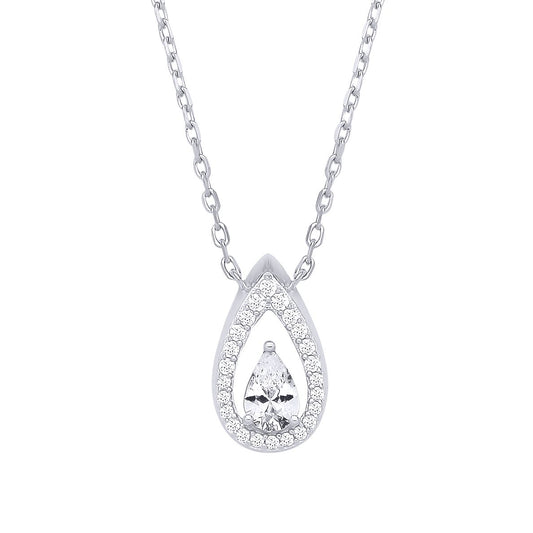 Sterling Silver CZ Pear Drop Pendant Necklace - GVK534