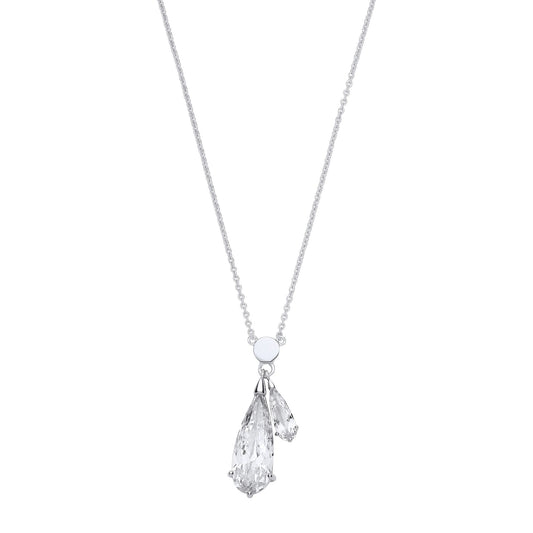 Silver  Pear CZ Lil n Large Dual Drop Mini Disc Negligee Necklace - GVK535