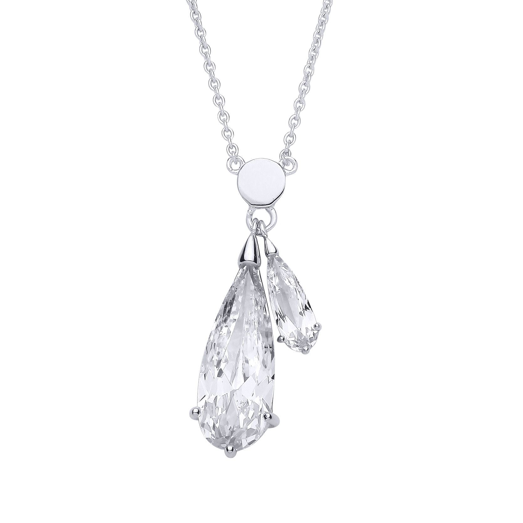 Silver  Pear CZ Lil n Large Dual Drop Mini Disc Negligee Necklace - GVK535