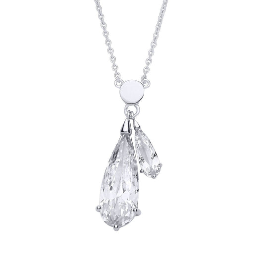 Silver  Pear CZ Lil n Large Dual Drop Mini Disc Negligee Necklace - GVK535
