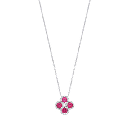 Sterling Silver CZ & Ruby Clover Pendant Necklace - GVK536