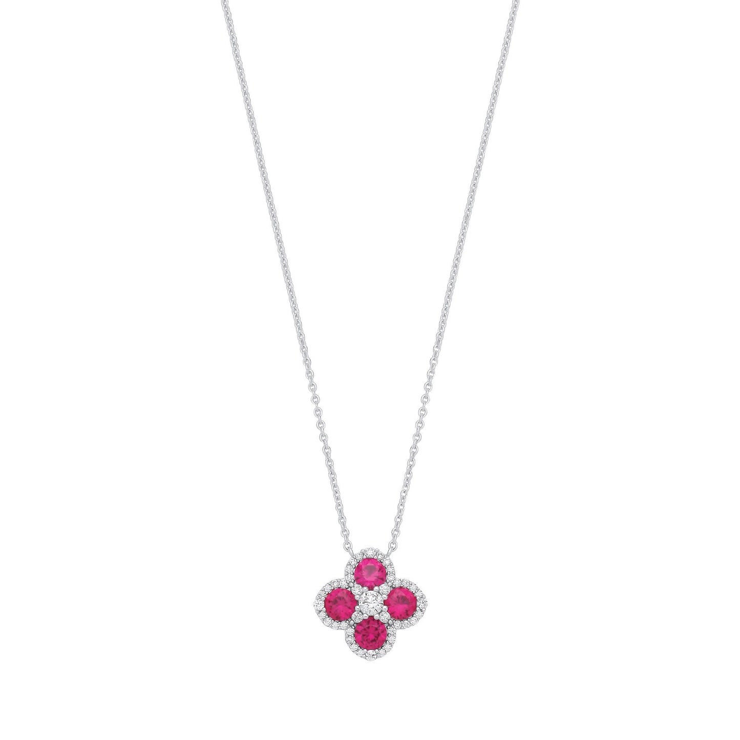 Silver  Red CZ Clover Kiss Quatrefoil Cluster Lavalier Necklace - GVK536
