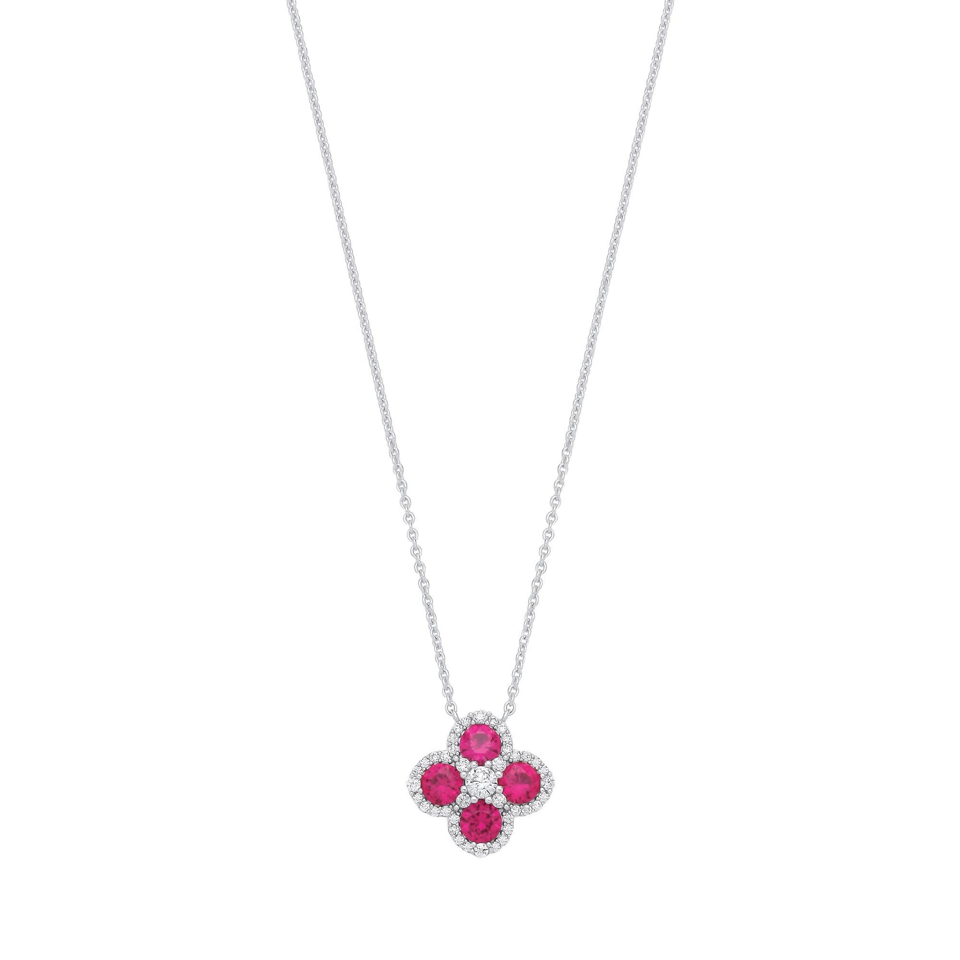 Silver  Red CZ Clover Kiss Quatrefoil Cluster Lavalier Necklace - GVK536