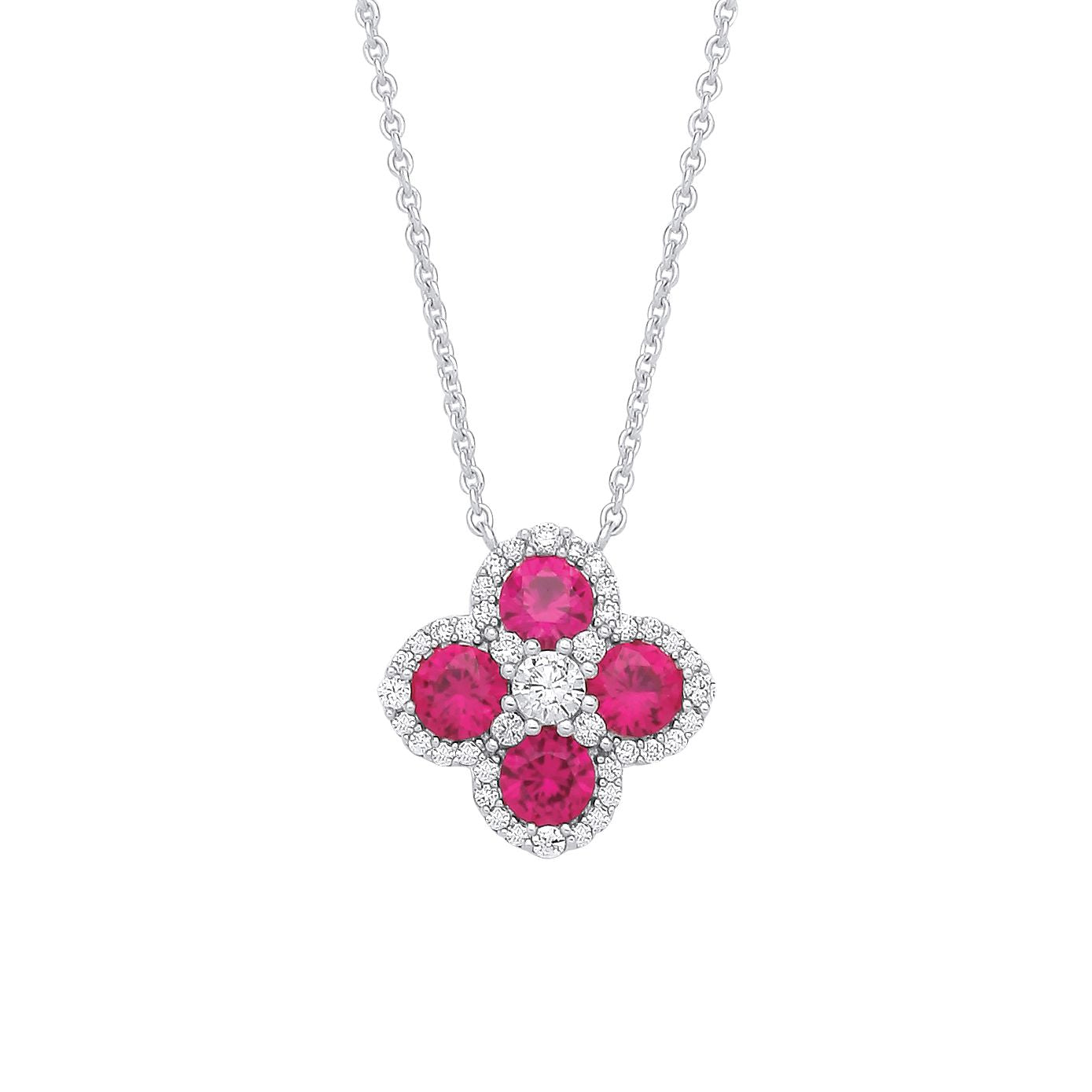 Sterling Silver CZ & Ruby Clover Pendant Necklace - GVK536