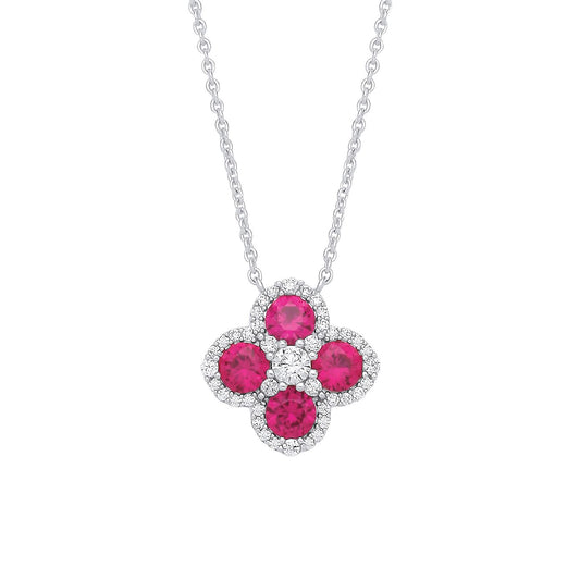 Sterling Silver CZ & Ruby Clover Pendant Necklace - GVK536