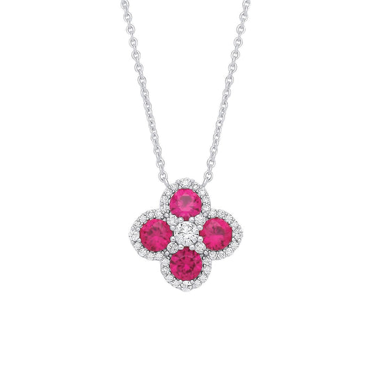 Silver  Red CZ Clover Kiss Quatrefoil Cluster Lavalier Necklace - GVK536