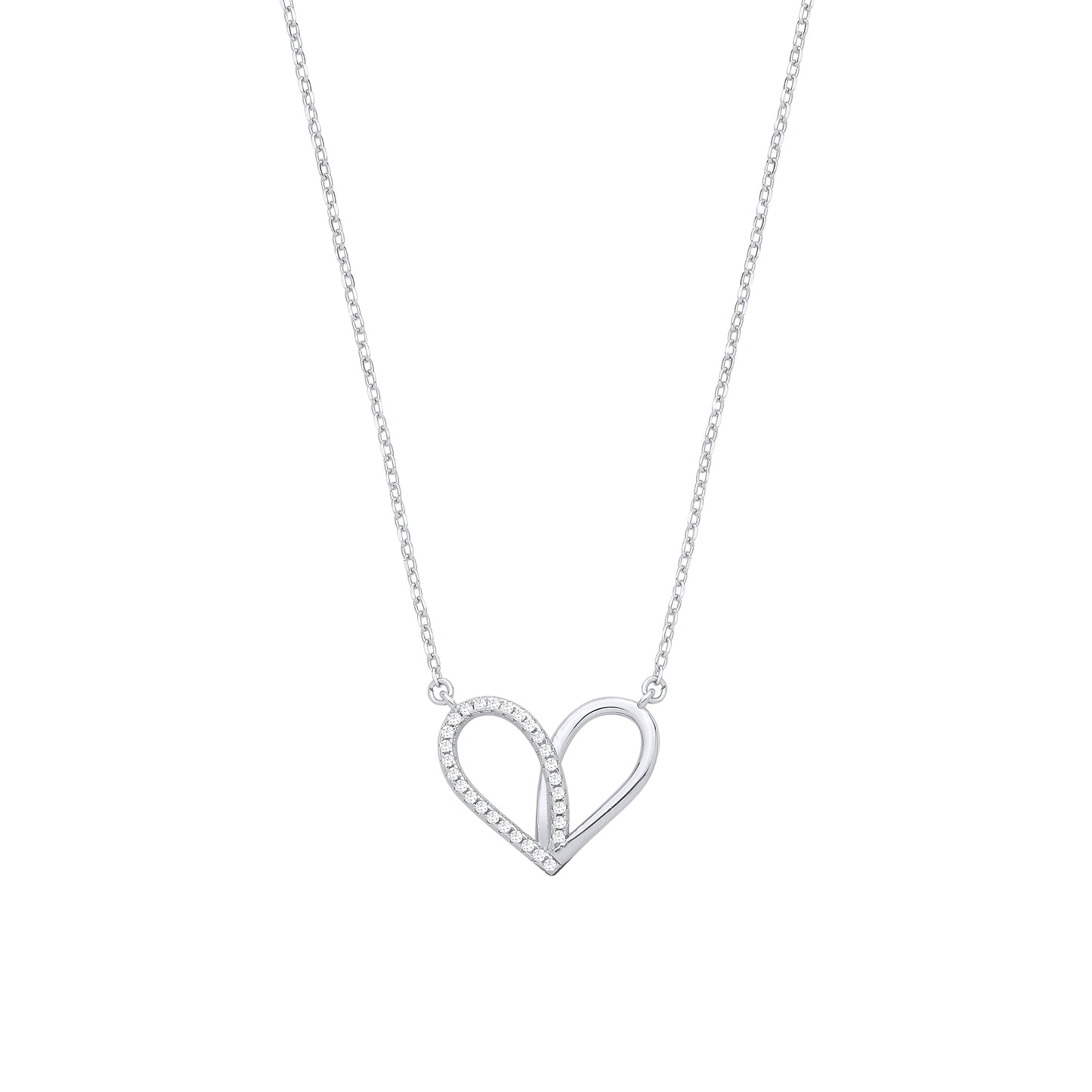 Silver  CZ Teardrop Love Heart Semi Halo Love Heart Charm Necklace - GVK540