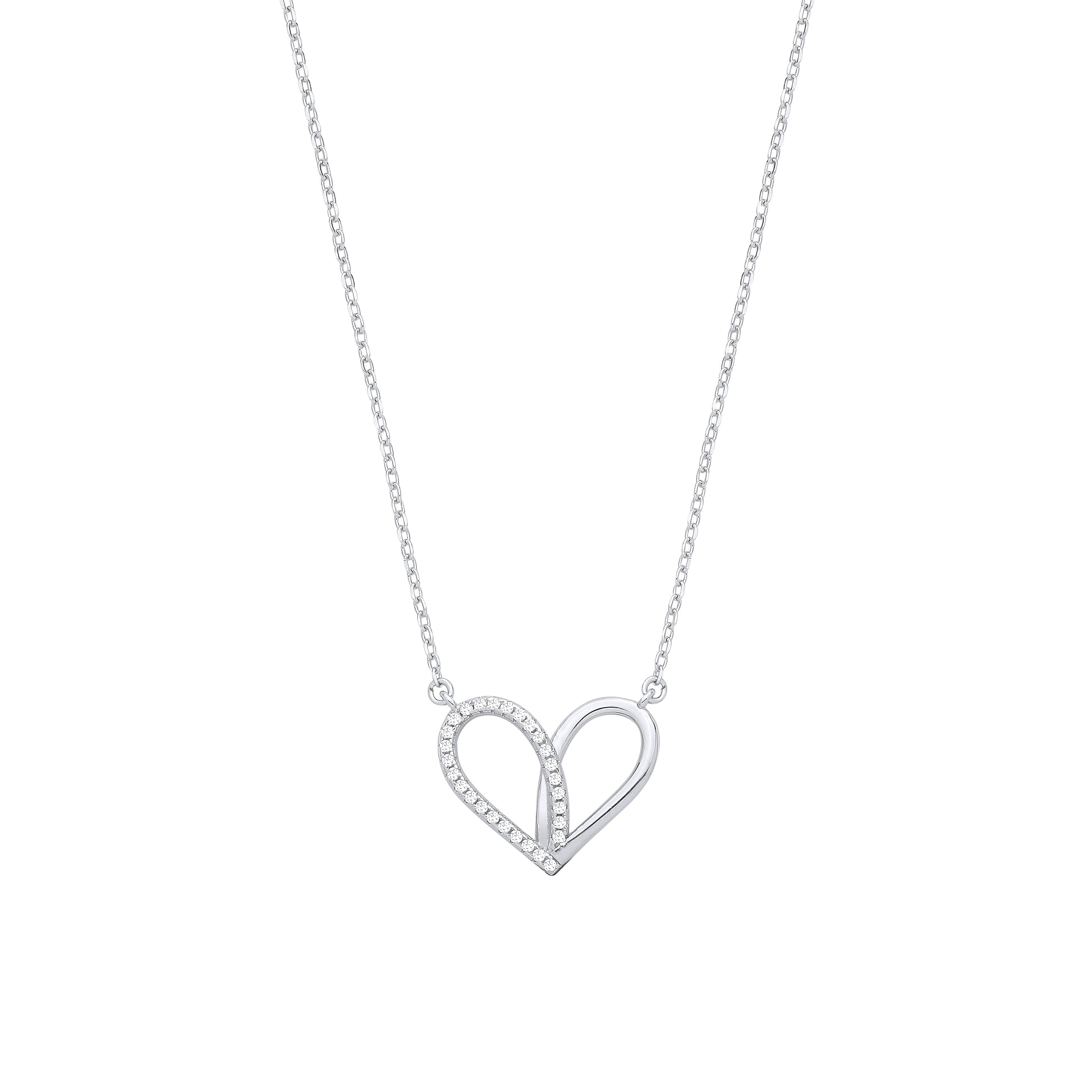 Silver  CZ Teardrop Love Heart Semi Halo Love Heart Charm Necklace - GVK540