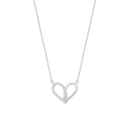 Silver  CZ Teardrop Love Heart Semi Halo Love Heart Charm Necklace - GVK540