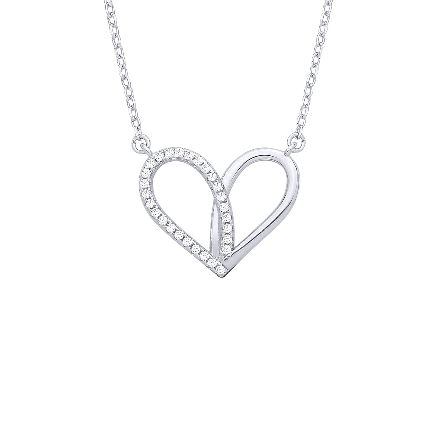 Silver  CZ Teardrop Love Heart Semi Halo Love Heart Charm Necklace - GVK540