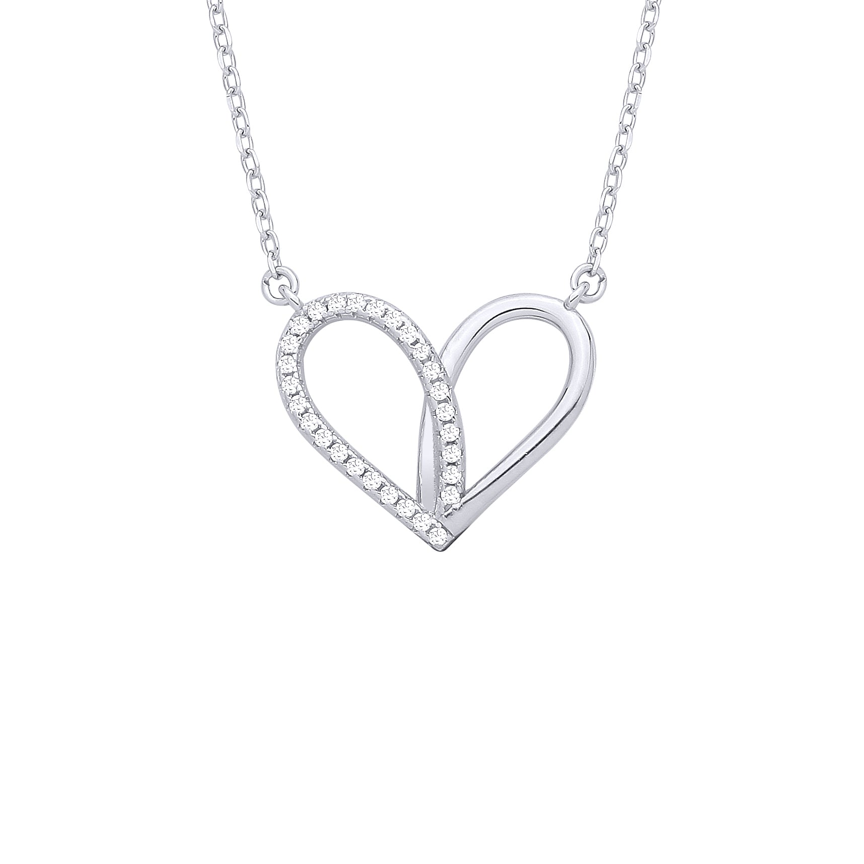 Silver  CZ Teardrop Love Heart Semi Halo Love Heart Charm Necklace - GVK540