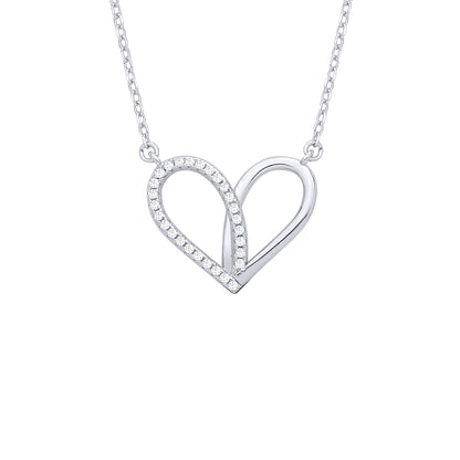 Silver  CZ Teardrop Love Heart Semi Halo Love Heart Charm Necklace - GVK540