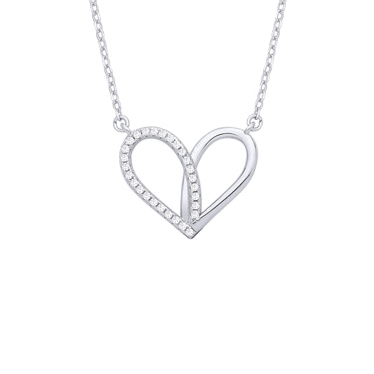 Silver  CZ Teardrop Love Heart Semi Halo Love Heart Charm Necklace - GVK540