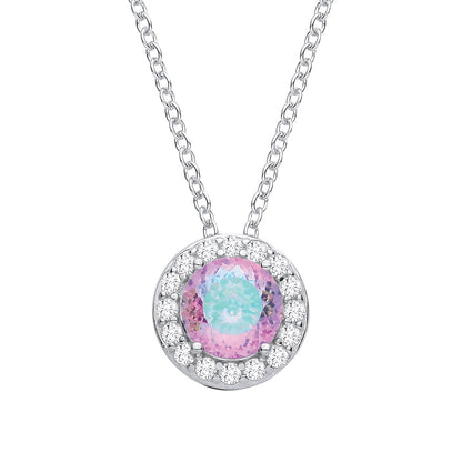 Silver  Lilac & Green Birds Nest CZ Circle Halo Solitaire Necklace - GVK541LAV