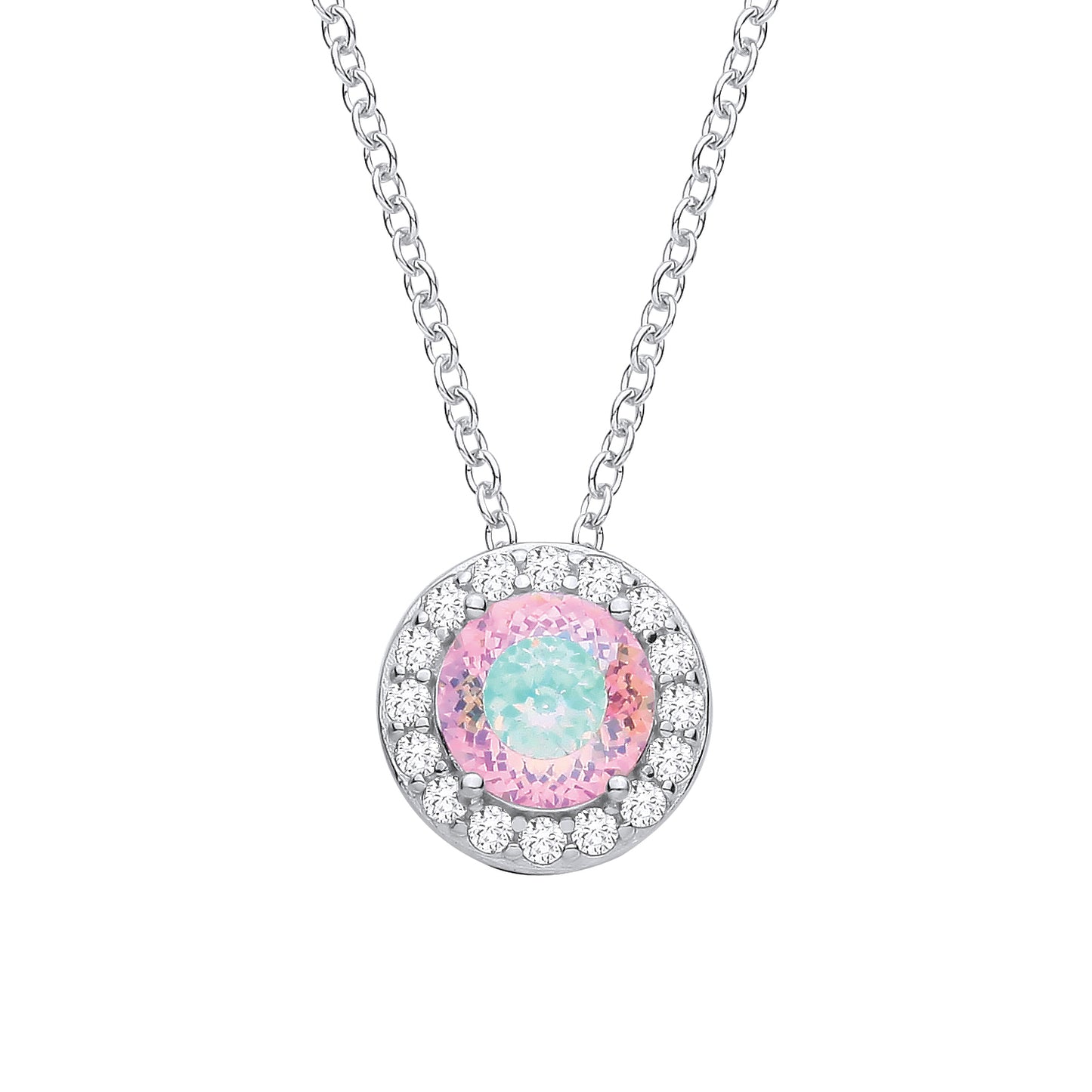 Silver  Pink Green Birds Nest CZ Circle Halo Solitaire Necklace - GVK541PINK