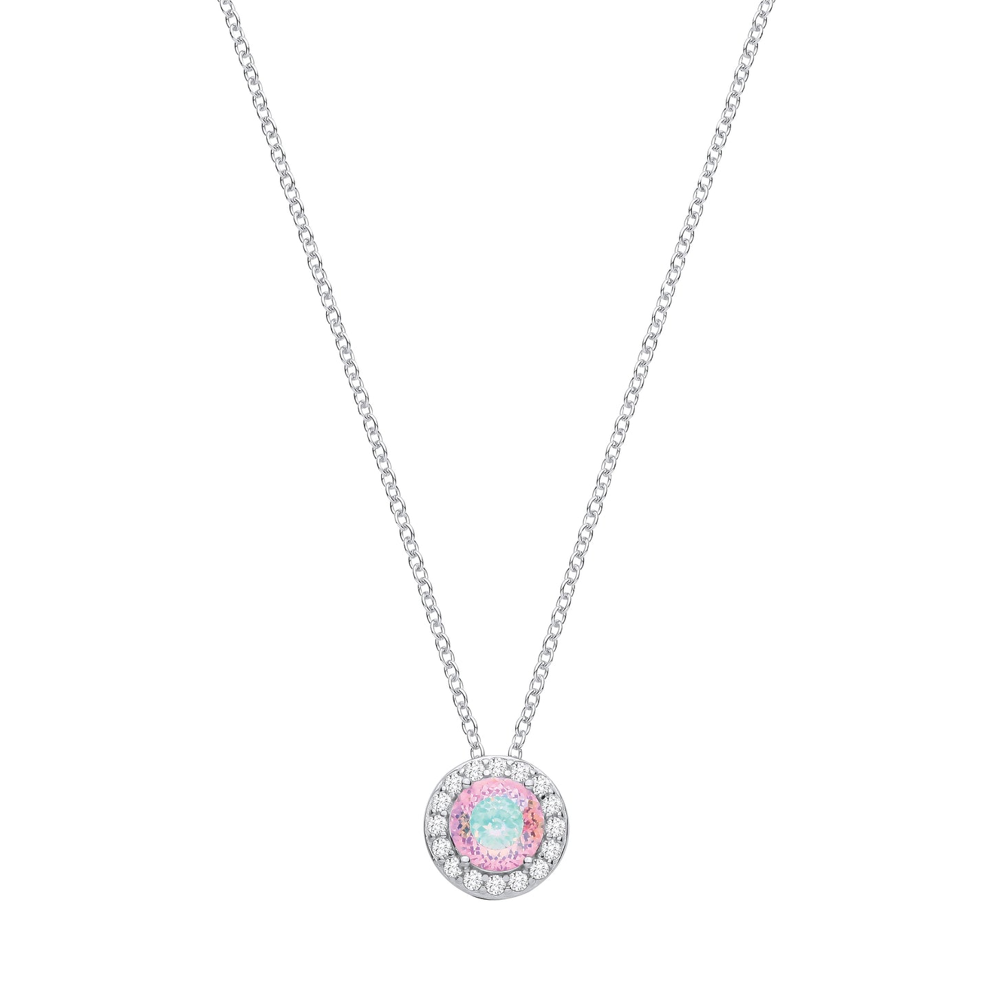 Silver  Pink Green Birds Nest CZ Circle Halo Solitaire Necklace - GVK541PINK