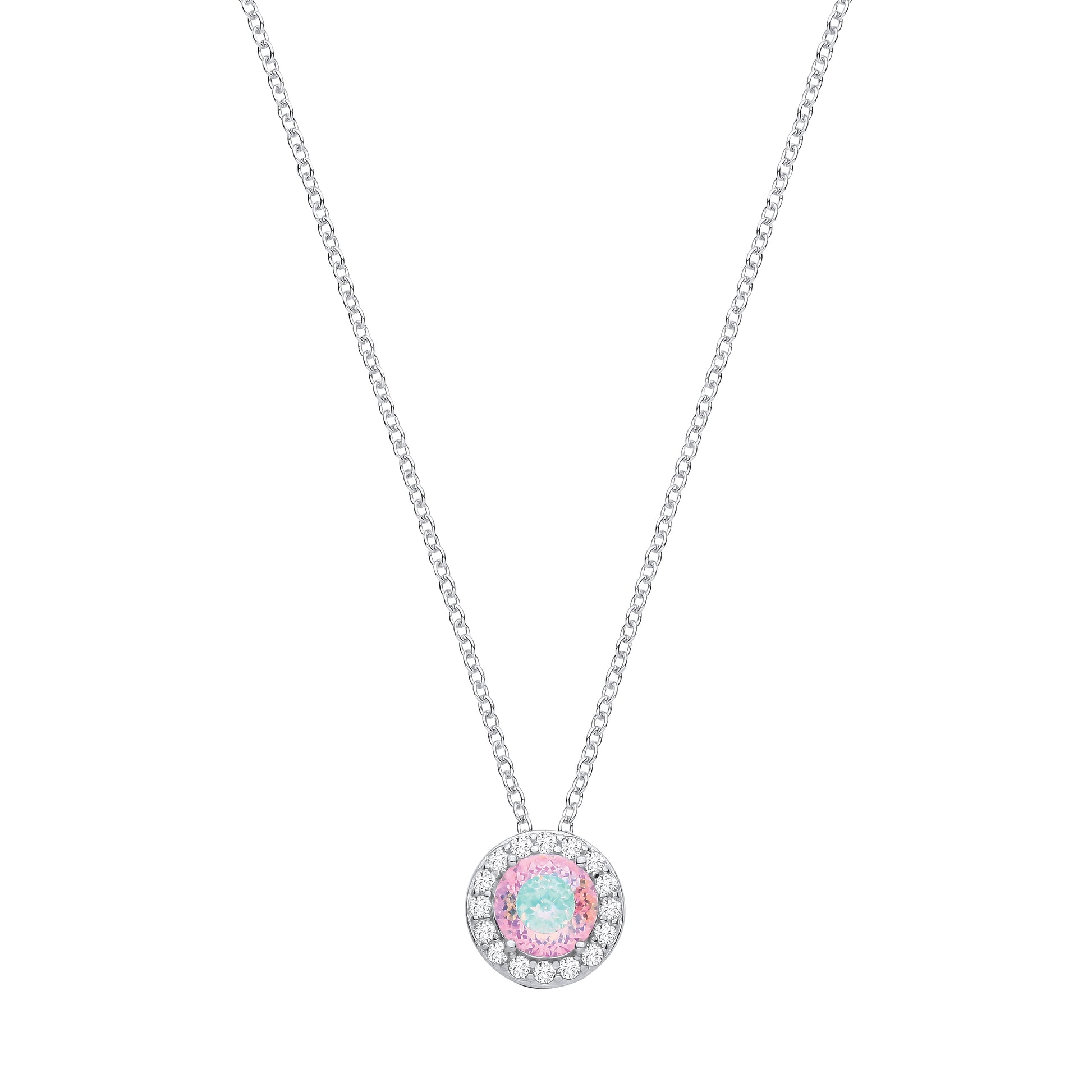 Silver  Pink Green Birds Nest CZ Circle Halo Solitaire Necklace - GVK541PINK