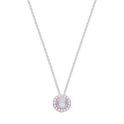 Silver  Pink Green Birds Nest CZ Circle Halo Solitaire Necklace - GVK541PINK