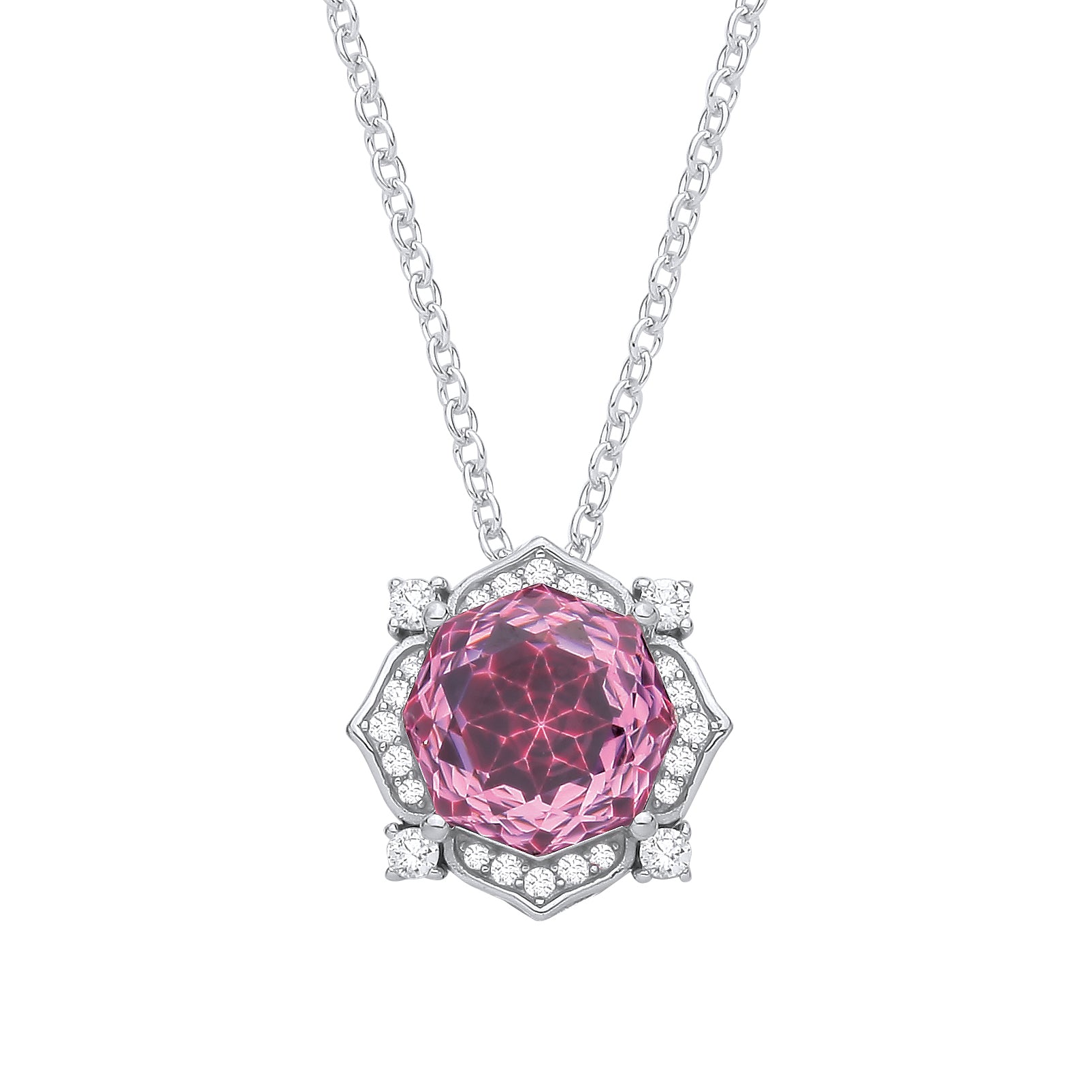 Silver  Pink Octagon CZ Rose cut Solitaire Flower Pendant Necklace - GVK542PINK