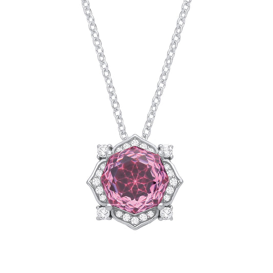 Silver  Pink Octagon CZ Rose cut Solitaire Flower Pendant Necklace - GVK542PINK