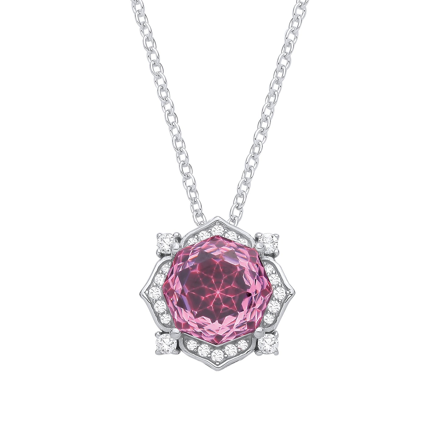 Silver  Pink Octagon CZ Flower Petal Kaleidoscopic Necklace - GVK542PINK