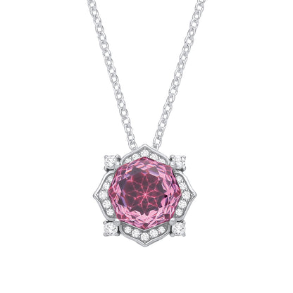 Silver  Pink Octagon CZ Flower Petal Kaleidoscopic Necklace - GVK542PINK
