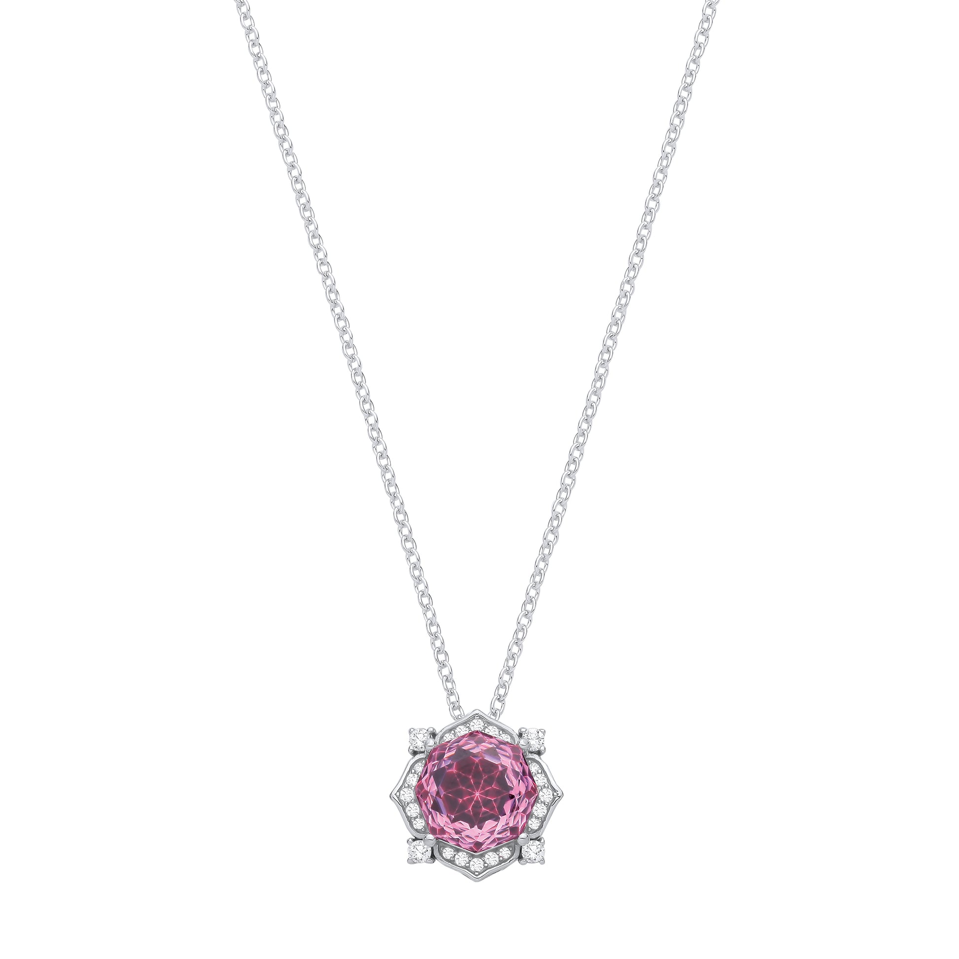 Silver  Pink Octagon CZ Flower Petal Kaleidoscopic Necklace - GVK542PINK