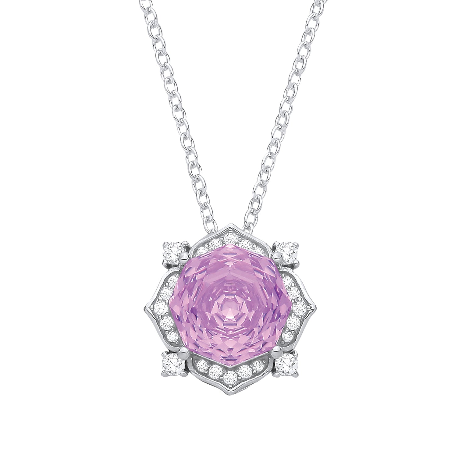 Silver  Lilac Octagon CZ Rose Solitaire Flower Pendant Necklace - GVK542PUR
