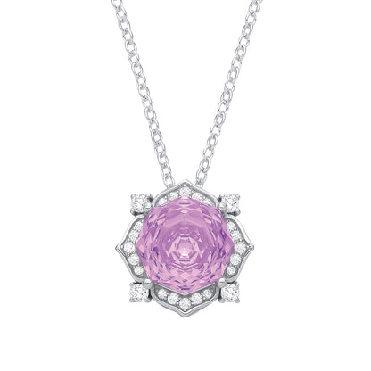 Silver  Lilac Octagon CZ Rose Solitaire Flower Pendant Necklace - GVK542PUR