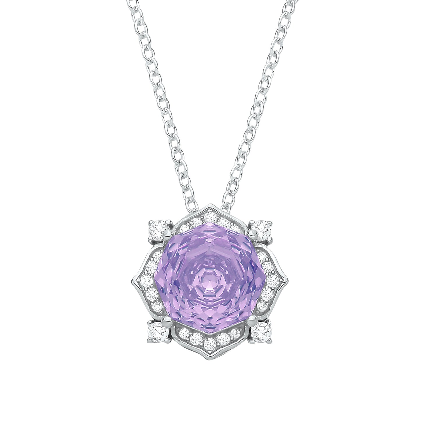 Silver  Purple Octagon CZ Flower Petal Kaleidoscopic Necklace - GVK542PUR