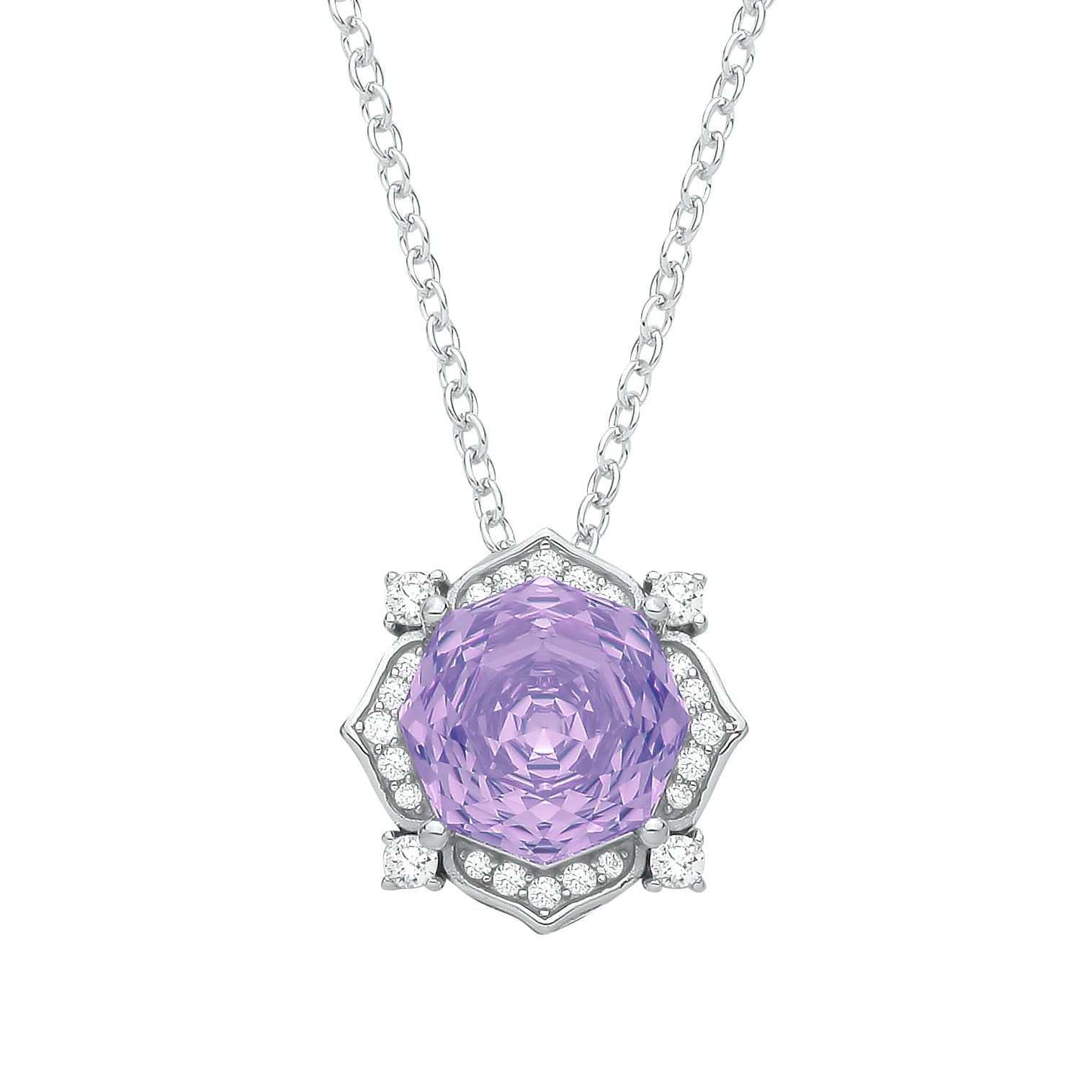 Silver  Purple Octagon CZ Flower Petal Kaleidoscopic Necklace - GVK542PUR