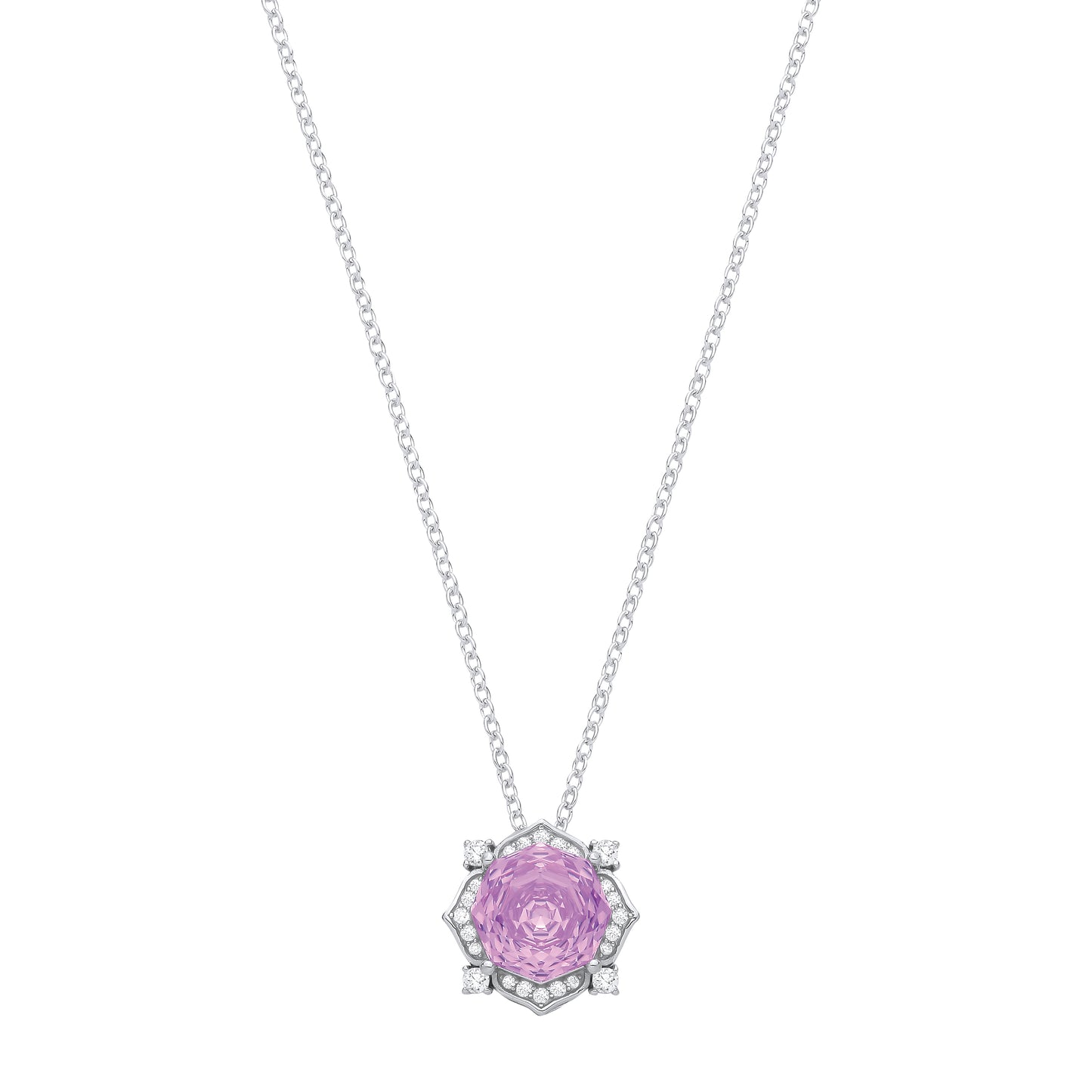 Silver  Lilac Octagon CZ Rose Solitaire Flower Pendant Necklace - GVK542PUR