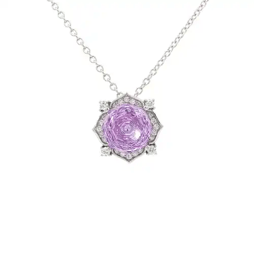 Silver  Purple Octagon CZ Flower Petal Kaleidoscopic Necklace - GVK542PUR