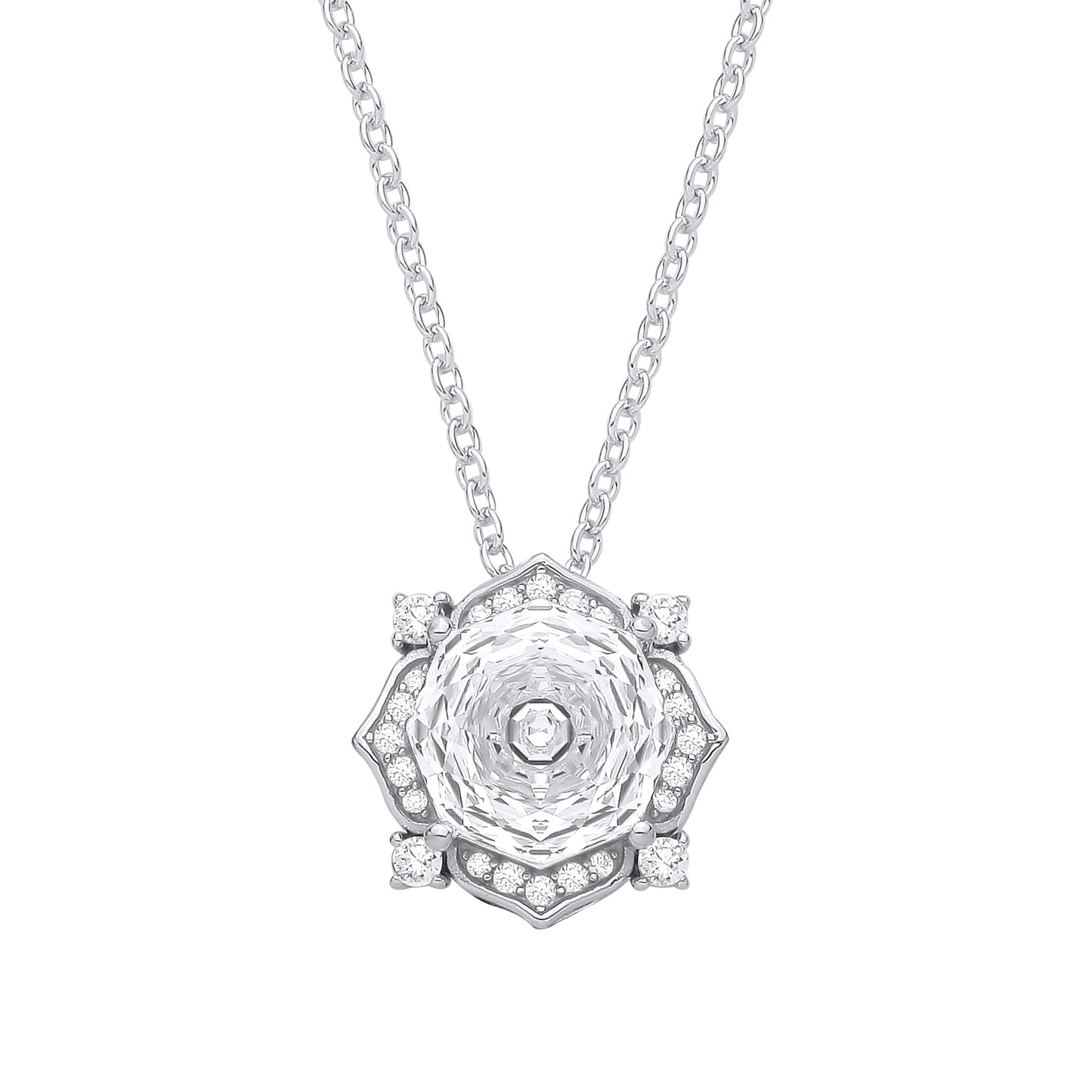 Silver  Octagon CZ Rose cut Solitaire Flower Pendant Necklace - GVK542WH